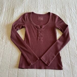 Aerie Ribbed Long Sleeve Henley Top - Mauve